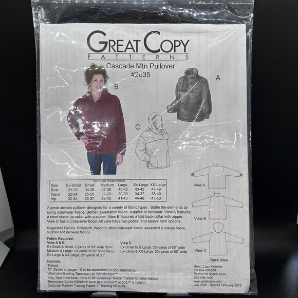 Great Copy Patterns 2035 “Cascade Mtn Pullover” (XS-XXL) Sewing Pattern Uncut FF - Picture 1 of 5